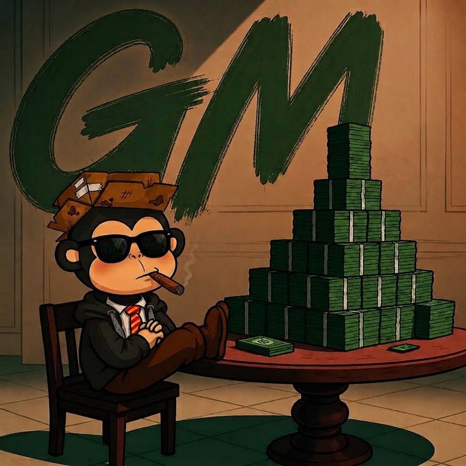 A cartoon illustration of a monkey wearing sunglasses and a suit smoking a cigar, sitting beside a large pyramid of cash with 'GM' graffiti on the wall behind.