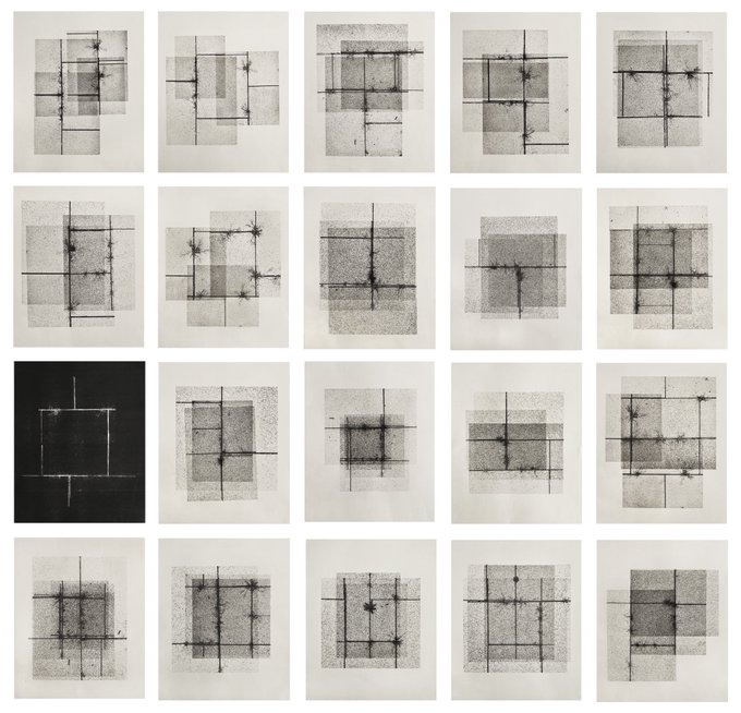 A grid of twenty minimalist geometric artworks, each featuring black lines, rectangles, and dot patterns on light backgrounds, with one completely black piece with white markings in the third row.