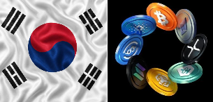 A split image showing the South Korean flag on the left and various cryptocurrency coin icons on the right against a black background.