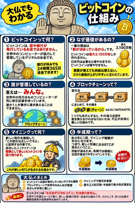 This infographic, titled "How Bitcoin Works Explained Even to a Buddha" (大仏でもわかるビットコインの仕組み), uses Buddhist imagery to provide a simplified six-step guide to Bitcoin, covering its definition, value (limited to 21 million coins), decentralized management, blockchain, mining, and halving. The visual aids and numbered sections directly correspond to the explanatory text provided in the accompanying post.