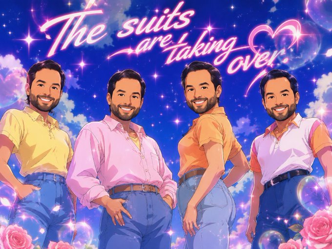 A vaporwave-style anime illustration showing four identical bearded men in retro shirts with the pink neon text 'The suits are taking over' against a starry sky with bubbles and roses.