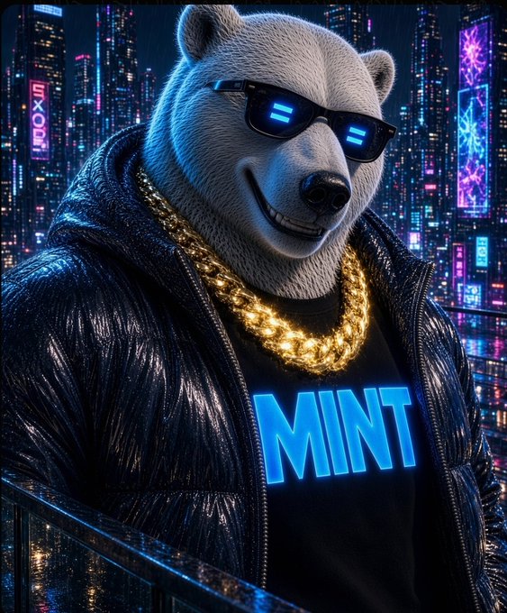 A stylized 3D rendered polar bear character wearing LED sunglasses, a gold chain, and a black leather jacket with a shirt reading 'MINT' against a neon-lit cyberpunk cityscape background.