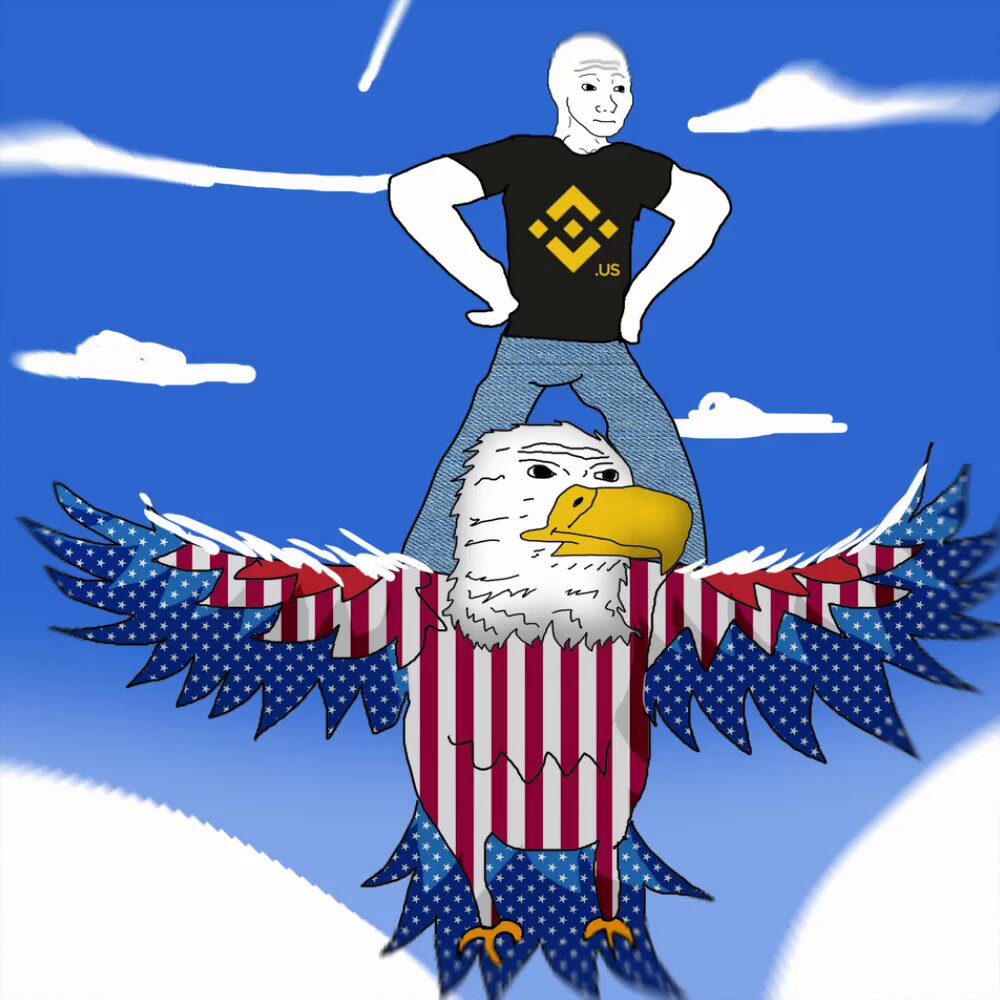 The image features a cartoon depiction of an eagle with wings spread wide, wearing a black t-shirt that says "US" and has a yellow logo on its chest. The man standing next to the bird is depicted as a white male with a sad expression. The background shows a blue sky filled with clouds, which complements the overall theme of the image. The caption at the bottom of the image reads: "币安上的第一个 $Wojak 会是唯一一个 真正的 OG 传奇".