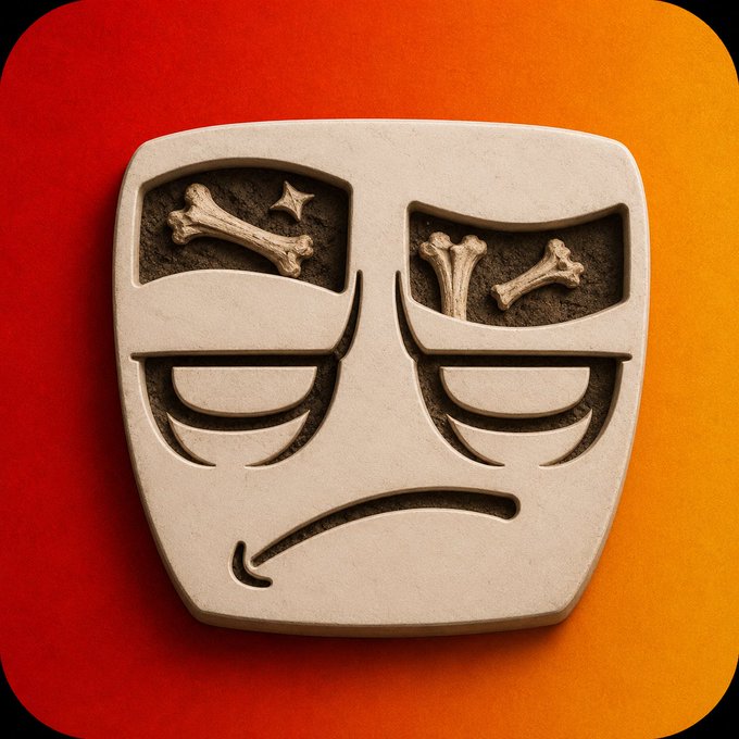 A stylized stone or clay mask with a sad expression, closed eyes, and bone fragments visible within the eye sockets, set against an orange and red gradient background.
