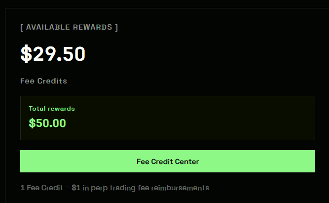 A rewards interface showing "$29.50" Fee Credits available, a "Total rewards" of "$50.00", and a "Fee Credit Center" button, noting "1 Fee Credit = $1 in perp trading fee reimbursements".