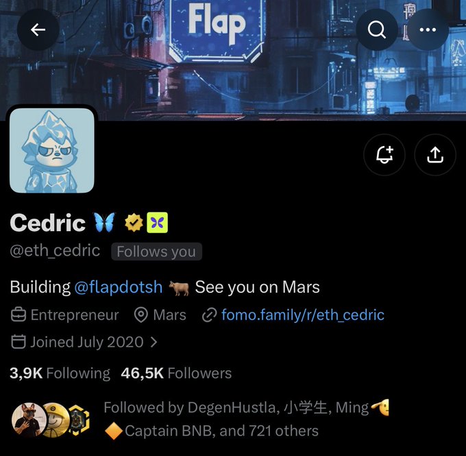 A screenshot of Cedric’s (@eth_cedric) X profile shows him “Building @flapdotsh” with “46,5K Followers” and the bio line “See you on Mars.” It accompanies the post “He got that $DAWG in him. Do you understand?”, highlighting his dog-themed avatar and profile branding.