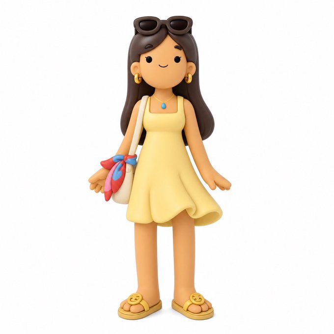 A 3D rendered figurine of a smiling woman with long brown hair, sunglasses on her head, wearing a yellow sundress, sandals, and carrying a white bag with a colorful scarf.