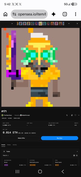 The image shows a screenshot of an OpenSea NFT listing page for pixel art character #171 called "The Buff One," featuring a figure in golden armor with green laser eyes holding a purple weapon, priced at 0.014 ETH. The listing details match the post's description of golden battle armor and green laser eyes, confirming it as the NFT being referenced.