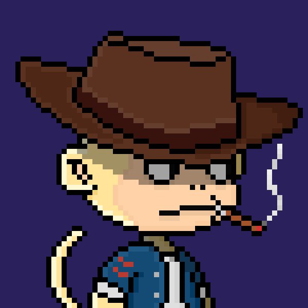 A pixel art portrait of a cowboy character wearing a brown hat, smoking a cigarette, with sunglasses and a blue jacket against a dark purple background.