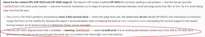 Text excerpt about fee-related CIPs with a red circle highlighting information that '#isipoolCost' needs no build at all and was turned down once before.