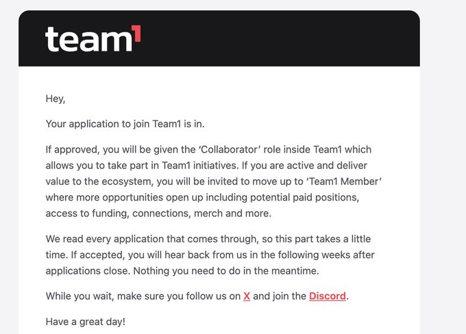 The image shows a white envelope with black text that reads "team" at the top of the letterhead. The envelope contains an application for joining Avalanche Team1.