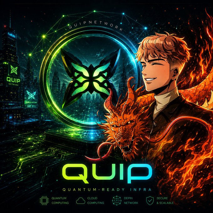 Promotional artwork for QUIP Network featuring 'QUANTUM-READY INFRA' with an anime-style character and dragon, highlighting features: Quantum Computing, Cloud Computing, Depin Network, and Secure & Scalable.