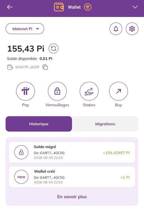 A Pi Network Mainnet Wallet screen displaying a total balance of 155.43 Pi (with 0.01 Pi available to spend) and the address GAW7P...J62ZF, showing the recent successful migration of 154.42957 Pi on August 5, 2026, which visualizes the user's milestone of finally having their Pi coins officially moved to Mainnet.