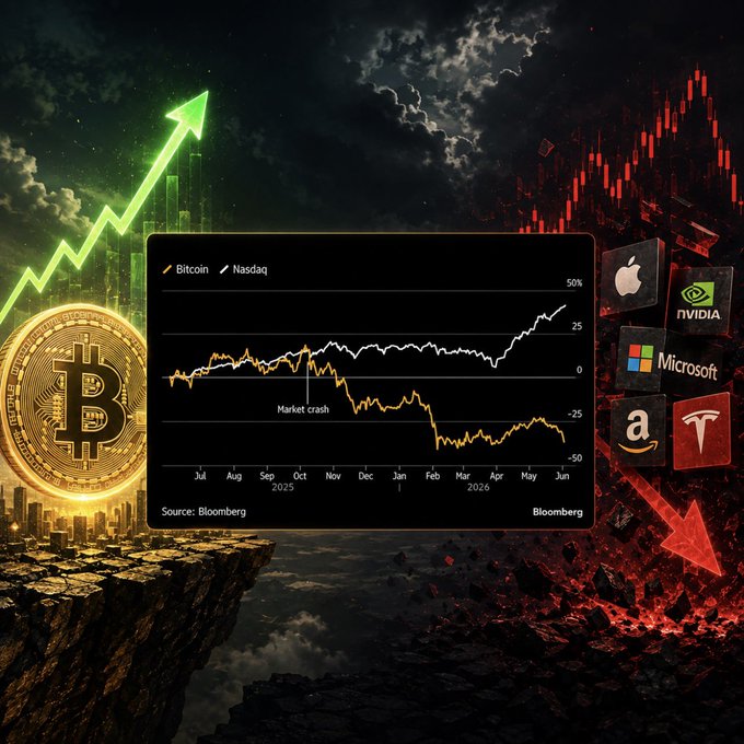 A Bloomberg chart contrasts Bitcoin (rising, green) and Nasdaq (falling, red) performance over 12 months, surrounded by logos of Apple, NVIDIA, Microsoft, Amazon, and Tesla against a dramatic sky.
