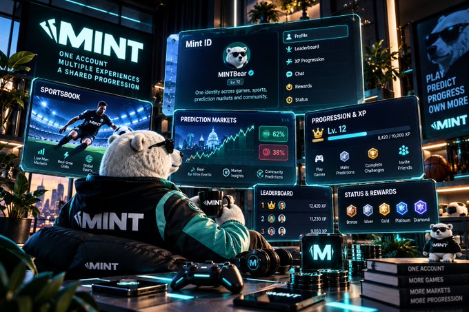 A futuristic promotional image for the MINT platform showing a panda character wearing MINT branded clothing interacting with holographic screens displaying sportsbook, prediction markets, and progression stats.