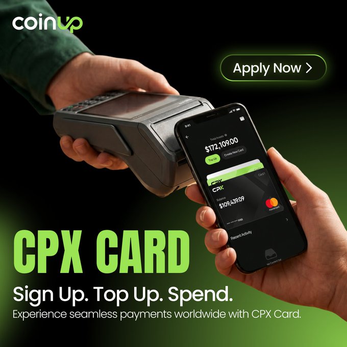 A promotional advertisement for 'coinup' featuring their CPX CARD crypto debit card, showing a contactless payment being made with the tagline 'Sign Up. Top Up. Spend.'