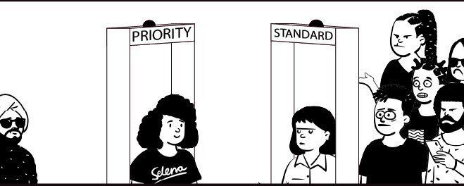 The image features a cartoon illustration of a group of people standing behind two doors, one labeled " Priority" and the other "Standard", with each door having a sign above them that says " Priority Standard". The scene depicts a gathering of individuals who are either entering or exiting these rooms.