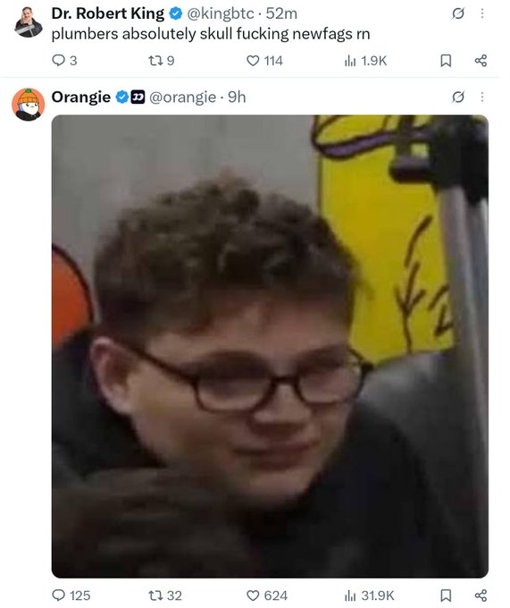 Two tweets: Dr. Robert King (@kingbtc) posts 'plumbers absolutely skull fucking newfags rn,' and Orangie (@orangie) shares a blurry photo of a young man with glasses.