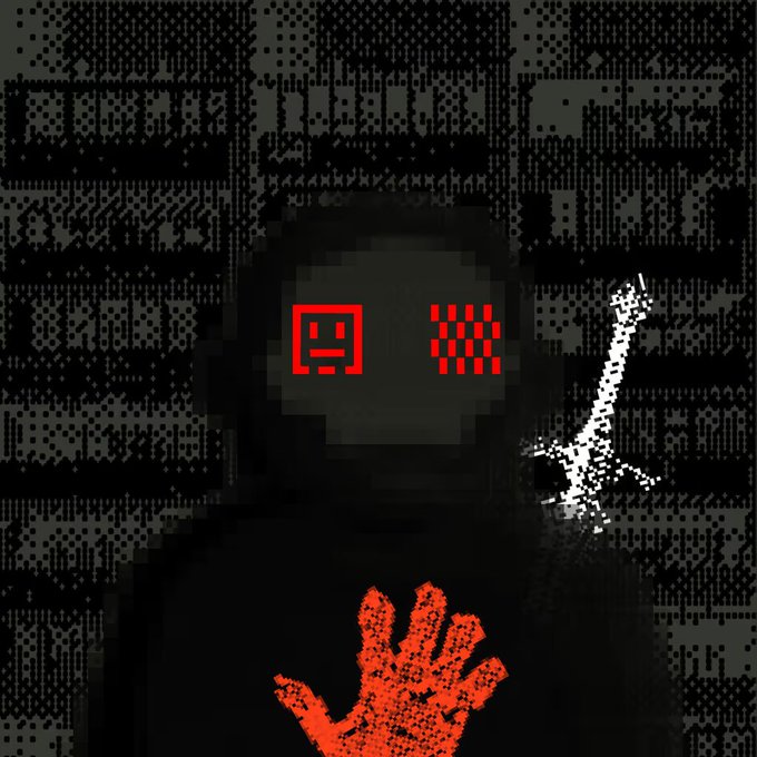 A shadowy figure with mismatched pixelated red eyes—a smiling face on the left and a glitched, fragmented pattern on the right—stands against a static-filled black background, with a glowing white signal-emitting antenna on its shoulder and a red hand reaching upward. The eerie, corrupted imagery visually reinforces the post's cryptic "Signal Received" theme of connecting, burning, and evolving toward something redacted, tying directly to the signal-transmitting figure in the artwork.