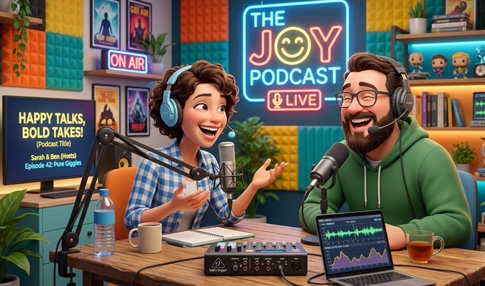 A vibrant illustrated thumbnail for 'The Joy Podcast' titled 'Happy Talks, Bold Takes!' Episode 42, showing two hosts with headsets and microphones in a colorful studio setting with soundproofing foam and an 'ON AIR' sign.