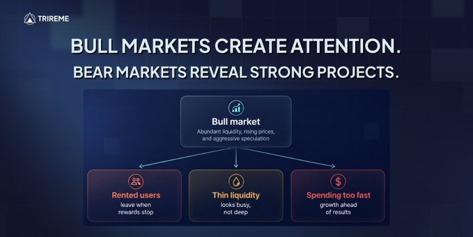 An infographic from Trireme titled "BULL MARKETS CREATE ATTENTION. BEAR MARKETS REVEAL STRONG PROJECTS." showing how a bull market leads to rented users, thin liquidity, and spending too fast.