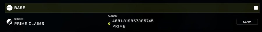 The screenshot shows a "BASE" rewards interface displaying 4681.819857385745 PRIME tokens earned from "PRIME CLAIMS," with a "CLAIM" button on the right—visually supporting the post's encouragement to stack Prime by playing the game.