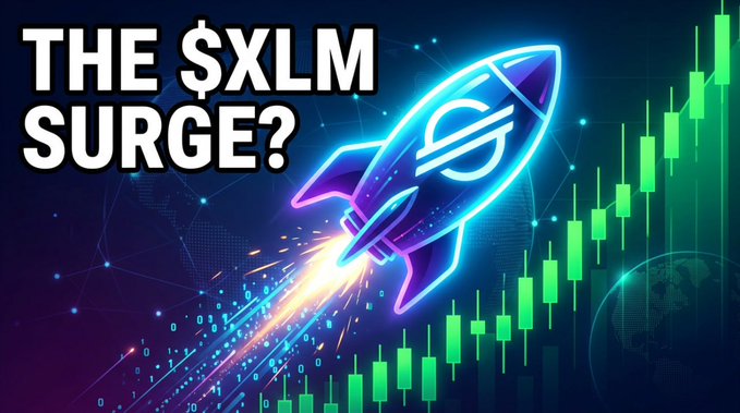 The $XLM image shows an eye-catching rocket symbolizing a cryptocurrency. Below this rocket, there's a caption reading "The $XLM surge?" that implies something about a potential long-term bullish trajectory of the cryptocurrency. The image also features a price chart on its right side with green bars, likely indicating the current price and historical trends in crypto markets.