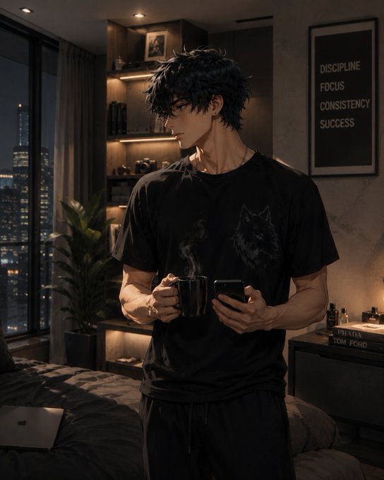 An anime-style illustration of a handsome young man with messy dark hair wearing a wolf-graphic black t-shirt, holding a coffee mug and smartphone in a modern bedroom with a 'DISCIPLINE FOCUS CONSISTENCY SUCCESS' poster.