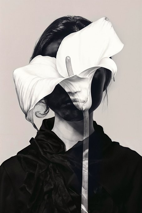 A black and white artistic portrait of a woman with dark hair, her face obscured by large white calla lilies, wearing a draped black garment.