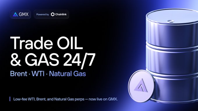 An advertisement for GMX powered by Chainlink promoting 'Trade OIL & GAS 24/7' featuring Brent, WTI, and Natural Gas, with a large 3D oil barrel and coin displaying the GMX logo.