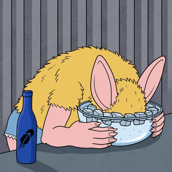 A furry creature with rabbit-like ears has its head buried face-first in a bowl of ice cubes next to a blue bottle, with no visible text or numbers in the image. The scene humorously illustrates the "trust the process" message by depicting a quirky, disheveled character enduring an uncomfortably cold plunge—portraying the crypto grind as a literal and figurative "ice bath."