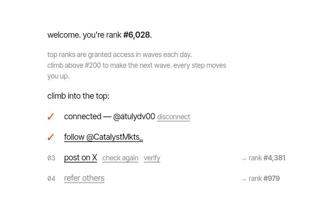 Webpage showing a ranking system where the user is rank #6,028, with instructions to climb into the top by connecting, following @CatalystMkts_, and posting on X to improve rank.