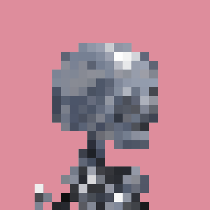 A pixel art rendering of a person with blue hair looking over their shoulder, set against a solid pink background.