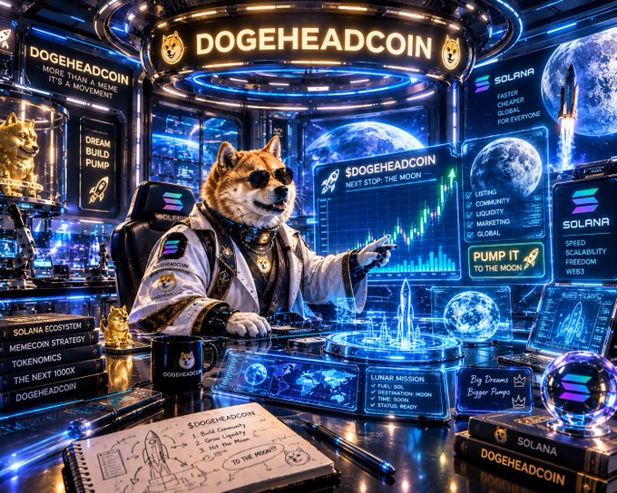 A futuristic sci-fi themed image featuring an anthropomorphic Shiba Inu dog in sunglasses and a lab coat at a high-tech control center, with displays showing 'DOGEHEADCOIN' branding, Solana logos, space imagery, and crypto trading charts.