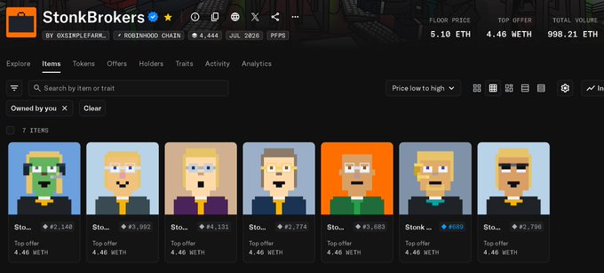 A screenshot of the "StonBrokers" NFT marketplace on the Robinhood Chain shows a grid of 7 pixel-art CryptoPunk avatars listed for sale with prices in ETH.