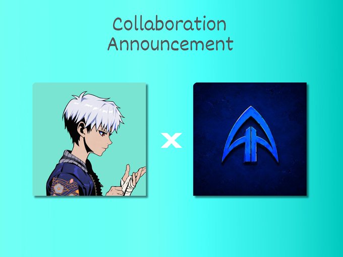 A 'Collaboration Announcement' graphic featuring an anime character with white hair on the left and a blue 'A' logo on the right, separated by an 'x' symbol.