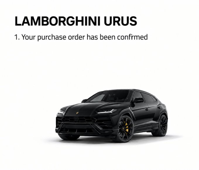 The image displays a sleek black Lamborghini Urus SUV with the text "LAMBORGHINI URUS" and "1. Your purchase order has been confirmed" at the top, playfully suggesting that profits from Solana have funded the luxury car acquisition.