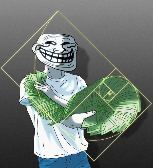An illustrated trollface meme character holds a large stack of green cash fanned out in both hands against a geometric background.