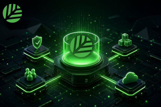 A digital illustration featuring a glowing green circular logo at the center, surrounded by icons representing security (shield), users, cloud services, and data cubes on a dark, tech-themed background.
