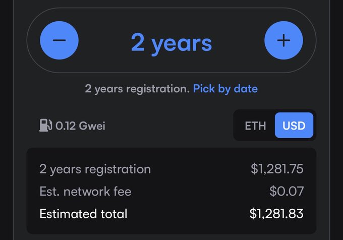 A digital interface showing a domain registration cost for 2 years at $1,281.75, with an estimated network fee of $0.07 and a total of $1,281.83, set against a dark background.