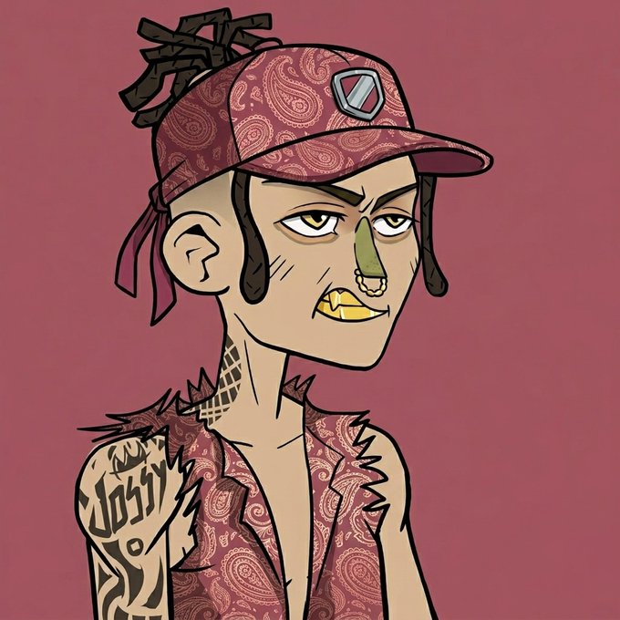 A cartoon-style illustration of a character with a paisley bandana, nose ring, gold teeth, and dreadlocks wearing a paisley-patterned shirt against a maroon background.