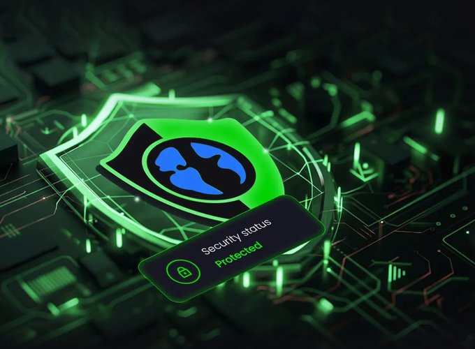 A glowing green shield icon on a dark circuit board displays 'Security status' with 'Protected' highlighted below it.