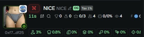 A cryptocurrency token profile card for 'NICE' on what appears to be a DEX tracker, displaying a 1% tax, 11-second metrics, and various trading statistics, with an address starting '0xf7...df25'.