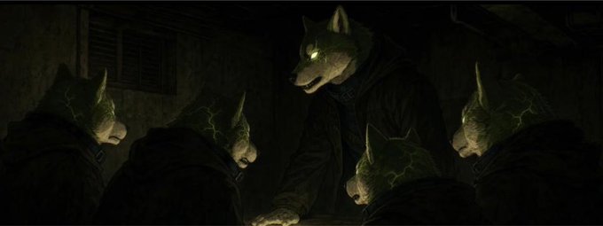 A dimly lit scene shows five hooded figures with green dog-like masks gathered around a table, their faces barely illuminated by a faint glow. The clandestine, secretive gathering of masked "hood dogs" mirrors the post's mysterious tone of "something cooking behind the scenes," evoking a sense of covert plotting that fits the cryptic teaser about a stealthy stock gaining momentum under the radar.