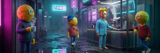 A stylized digital artwork featuring anthropomorphic orange characters in a cyberpunk-style alleyway with neon signs (including Chinese characters 'ピチ映画' and '機商'), where one holds a coffee cup, another wears a cap, a third wears a suit, and a fourth stands nearby in a red sweater.