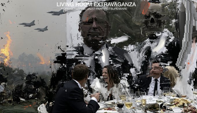 A dramatic, layered digital artwork titled "LIVING ROOM EXTRAVAGANZA" by Norman Harman features a chaotic dinner scene where smiling formally-dressed guests are juxtaposed against painterly abstractions, warplanes, explosions, and ghostly faces. The text "NORMAN HARMAN | POST-PAINTING 1 SUPERARE" appears at the top, aligning with the post-painting edition release described in the accompanying caption.