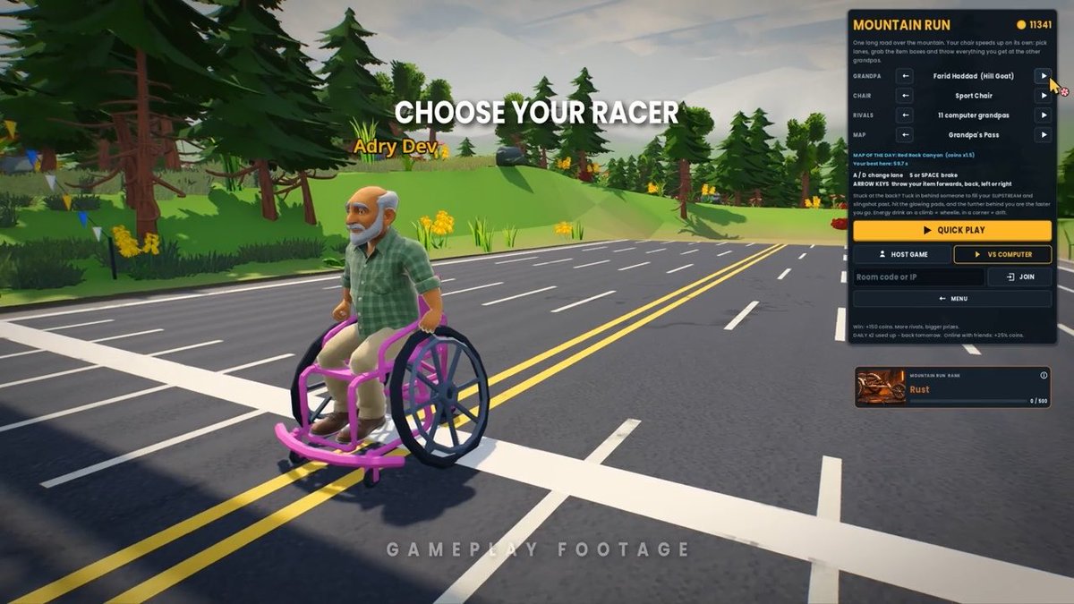 A video game character selection screen titled 'MOUNTAIN RUN' shows an elderly man named 'Adry Dev' in a pink wheelchair, with options for Grandpa Farid Haddad and chair sport game modes.
