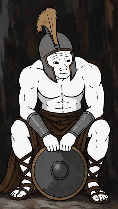 An illustration of a muscular cartoon gladiator wearing a bronze helmet with a red plume, sitting and resting his hands on a round shield.