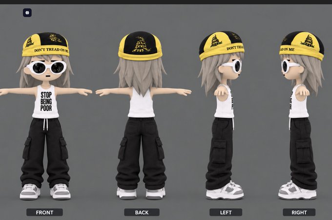 A 3D character model shown from front, back, left, and right views, wearing a yellow and black 'DON'T TREAD ON ME' cap, sunglasses, a 'STOP BEING POOR' tank top, cargo pants, and sneakers.