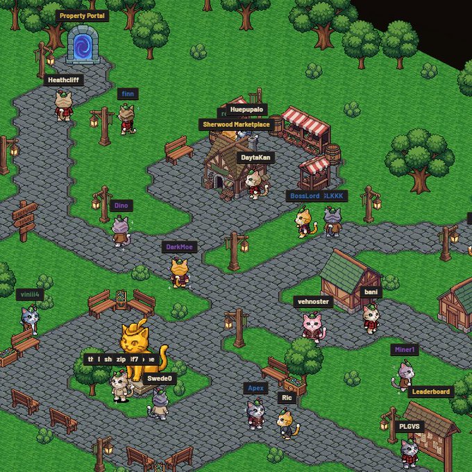 A screenshot from a multiplayer online game showing an isometric village scene with various cat-like character avatars and usernames like 'Heathcliff', 'Huepupalo', 'DaytaKan', 'BossLord', 'Swede0', and 'PLGVS' near buildings including a 'Property Portal' and 'Sherwood Marketplace'.